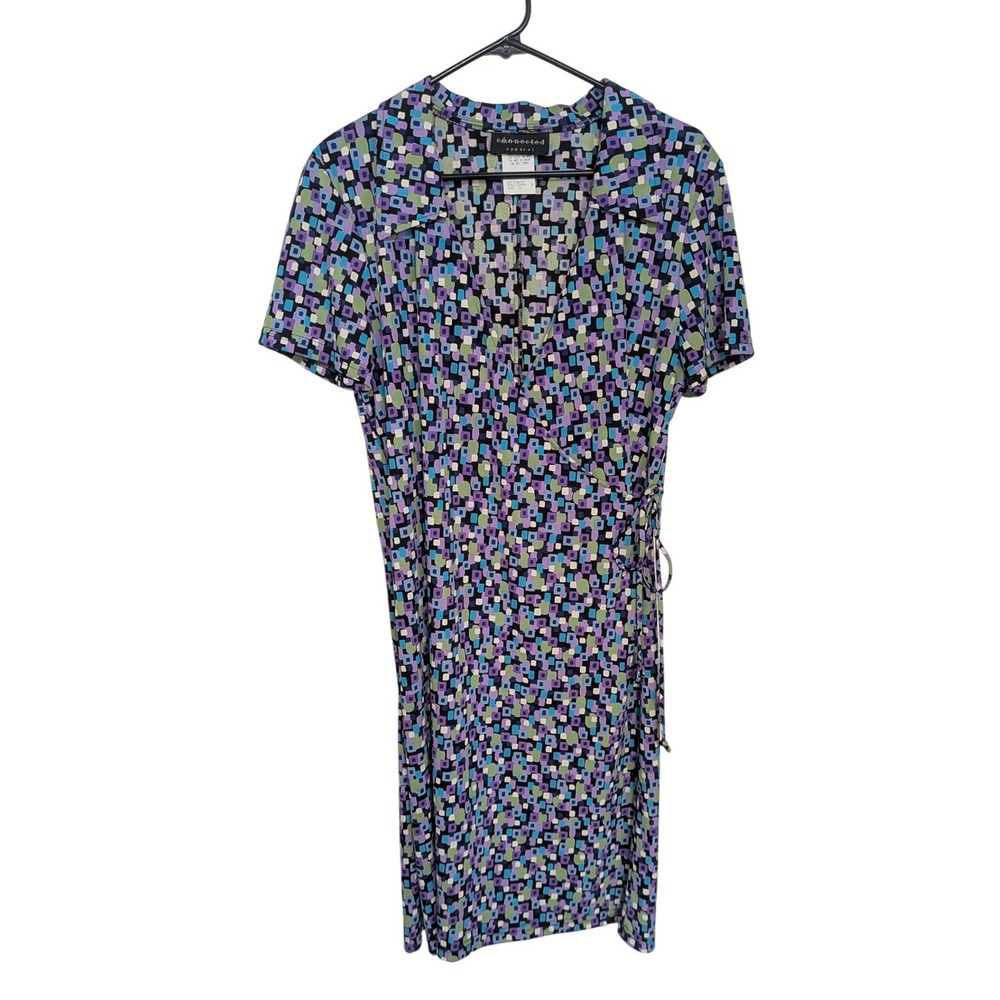 Connected Apparel 90s Vintage Geometric Faux Wrap Dress Purple Blue Size 16